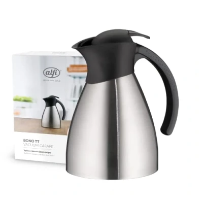 Imagen de alfi Bono TT 1,0 l, Jarra de Doble Pared Acero Inoxidable con plástico Negro, Mantiene el Calor 12 Horas y frío 24 Horas, tapón Rosca pulsador, térmica, para lavavajillas, sin BPA