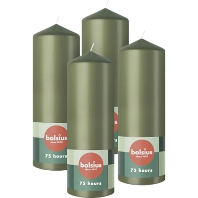 Imagen de Bolsius Pillar Candles Green Pack de 4 20 x 7 cm Velas decorativas para el hogar Larga duración combustión 75 horas Sin perfume Cera vegana natural aceite palma