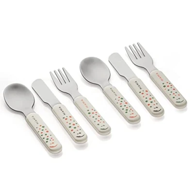 Imagen de MiaMia Set Cubiertos Bebe 6 Ud. (2x Tenedor 2x Cuchara Cuchillo) Mini Infantiles de Acero Inoxidable, Sin Contaminantes, Mangos Gruesos Crema