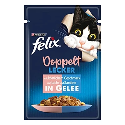 Imagen de FELIX Comida para Gatos Doble Deliciosa húmeda en gelatina, con salmón y sardina, 26 Unidades (26 x 85 g)