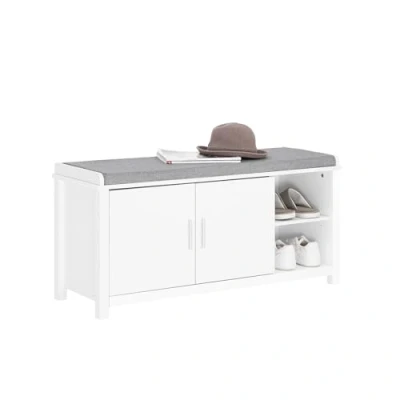 Imagen de SoBuy Banco Zapatero con 2 Puertas para Entrada Dormitorio de Almacenamiento Asiento Estantes Abiertos Blanco 105 x 35 51 cm FSR168 W ES