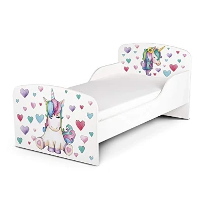Imagen de leomark Cama Infantil Completa de Madera Unicorn Marco Cama, Colchón, Somier, Blanco Muebles para Niños, Moderno Dormitorio, Impresa Mobiliario, Espacio Dormir: 140/70 cm