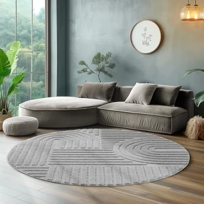 Imagen de SIMPEX Alfombra Redonda de Pelo Alto para Sala Estar, Pasillo, Estilo escandinavo y Boho con diseño 3D, Suave mullida.Grande: 160 x cm, Color: Plata