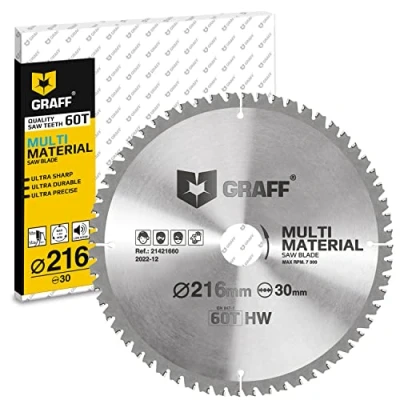 Imagen de GRAFF Hoja de Sierra Circular para Madera Plástico Chapa Aluminio Laminado Disco Corte 216 x 30 mm compatible con Ingletadora Recambio mesa a Batería