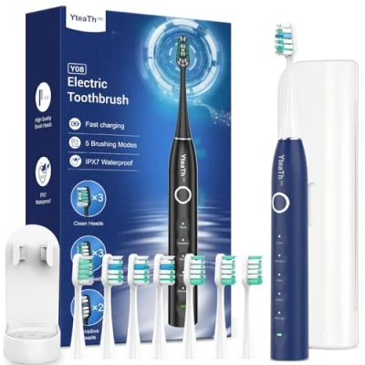 Imagen de Cepillo de Dientes Eléctrico Sónico Hombres con 8 Cabezales Electrico Adultos Estuche Viaje, 5 Modos, IPX7 Impermeable, Viaje Recargable, Azul Oscuro