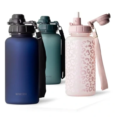 Imagen de MAMEIDO Botella 1 litro con pajita y marcador de tiempo, Botellas agua a prueba fugas, niños sin BPA, gimnasio fabricada en Tritan, Water Bottle (Dark Night, 1000ml)