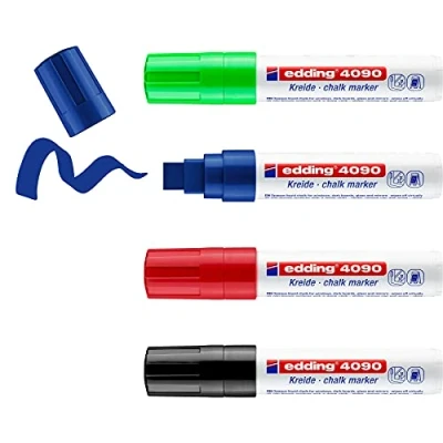 Imagen de edding 4090 marcador de tiza juego 4 surtido rotuladores punta biselada 15mm para cristal borrables pizarras vidrio espejos líquida cobertura opaca