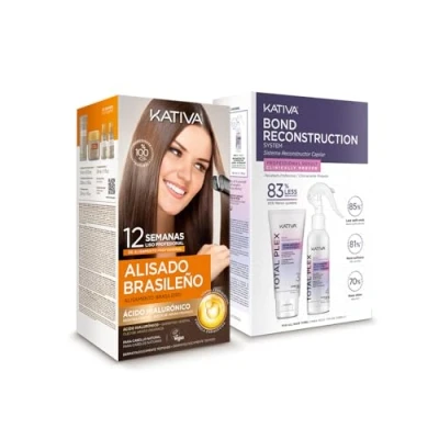 Imagen de Kativa Kit Alisado Brasileño + Total Plex Bond Repair Nueva fórmula con ácido hialurónico Tratamiento Profesional en casa Hasta 12 Semanas de duración Keratina Reconstructor capilar