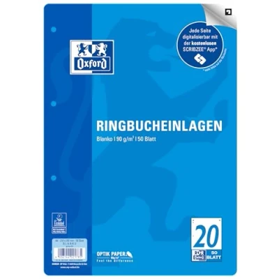 Imagen de Oxford 400131444 Recambio para archivador de anillas (A4, 50 hojas, 20 líneas, en blanco, sin rayas, 90 g/m², compatible con SCRIBZEE)