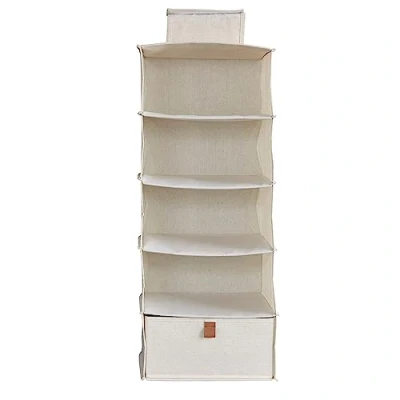 Imagen de Love IT Store Premium Estante Colgante para el Armario Organizador de Tela Mezcla algodón y Lino Refuerzos Madera con 4 Compartimentos un cajón Estable 30 x 75 cm