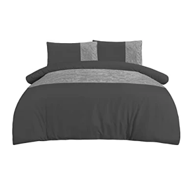 Imagen de Sleepdown Juego de Funda edredón Terciopelo con Banda Panel Gris carbón y Fundas Almohada, Doble (200 x 200 cm)