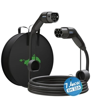 Imagen de EV Cable de Carga Tipo 2 32A /7,4kW/Monofásico Coche Electrico para EV/PHEV a Cargador Compatible con Todos los Modelos 2/CCS2(Blanco)