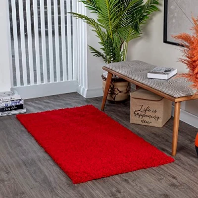 Imagen de Surya Home Shaggy Rug Alfombra de Pasillo para Cocina, Entrada Pelo Largo Berber Abstracta, Grueso y Esponjoso Grande 80x150cm, Rojo