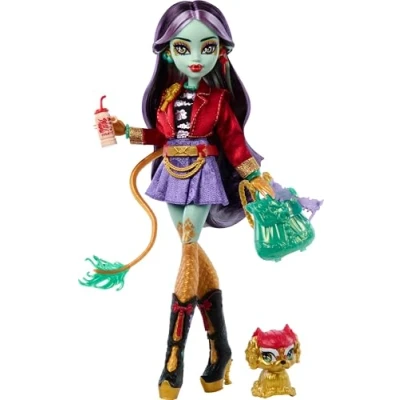 Imagen de Monster High Jinafire Long Muñeca, chica dragón con perrito mascota Cloudy Yun y 7 accesorios que incluyen un bloc de dibujo, una bebida yogur, mochila mucho más, HYV58