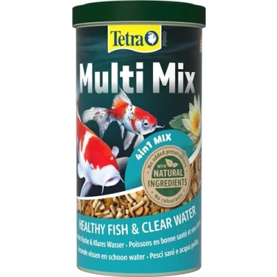 Imagen de Tetra Pond Multi Mix, comida para varios peces de estanque con cuatro tipos (barritas, wafers, escamas y gammarus), lata 1 L