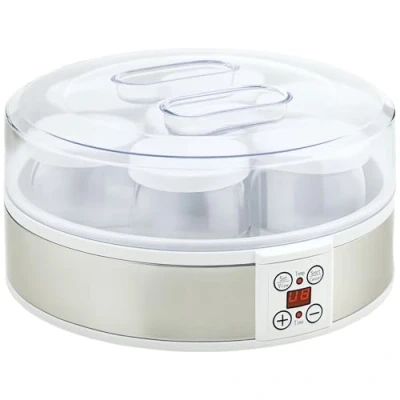 Imagen de HOMCOM Yogurtera 20W Capacidad 1,26L Máquina de Yogur con 7 Tarros Cristal 180 ml Termostato Ajustable Temporizador 1 48 Horas y Pantalla LED 24x24x13 cm Blanco