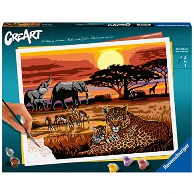 Imagen de Ravensburger CreArt En la sabana, Kit para Pintar por Números, Contiene una Tabla Preimpresa 40x30 cm, Pincel, Colores y Accesorios, Juego Creativo Relajante Adultos 14+ Años