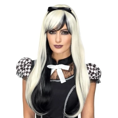 Imagen de Smiffys Peluca deluxe de Alicia gótica, Rubia y negra, Resistente al calor/modificable, con diadema