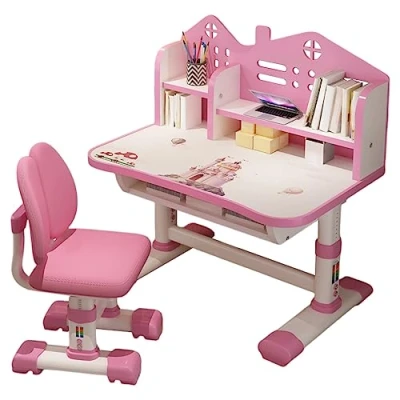Imagen de Calager Juego de escritorio y silla para niños, altura ajustable, estudio mesa escritura estudiantes escolares con cajón soporte libros,