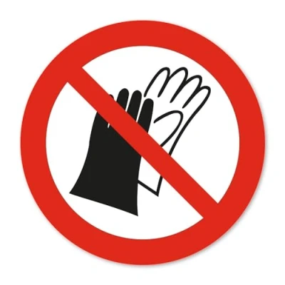 Imagen de Adhesivo de prohibición P028. El uso guantes está prohibido según la norma DIN EN ISO 7010 I Advertencia Ø 10 cm hin_811