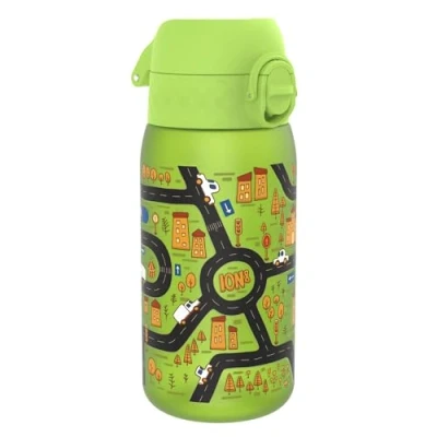 Imagen de Ion8 Botella de Agua para Niños, 350ml, a Prueba Fugas, Fácil Abrir, Cerradura Segura, Apta Lavavajillas, Sin BPA, Asa Transporte, Limpiar, Neutro en Carbono, Diseño Carros