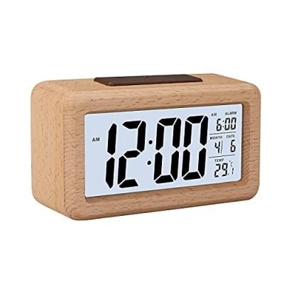 Imagen de GINZER reloj despertador digital de madera, pantalla LED grande, grano sensor inteligente luz nocturna, repetición y temperatura, oficina, mesita noche