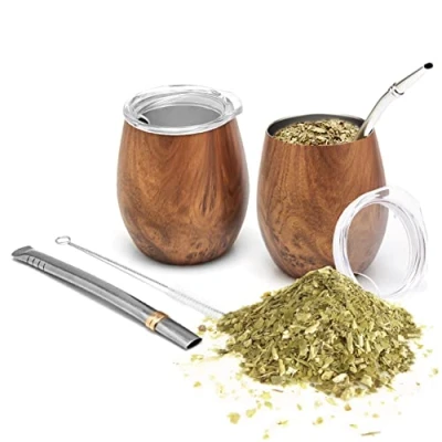 Imagen de balibetov Set de Mate Argentino doble (Set para Yerba 5 pzas.) Ideal Dos Incluye 2 Vaso Mate, Bombilla Mate(Pajita Mate) y Un Cepillo Limpiar la (Madera)