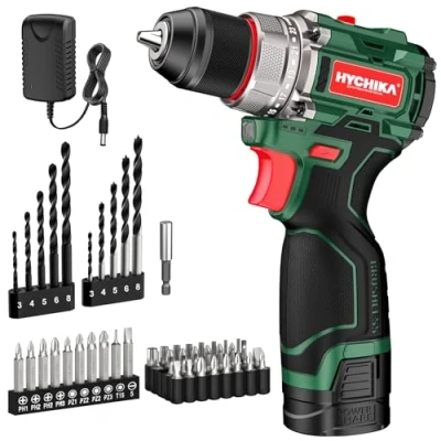 Imagen de HYCHIKA Taladro atornillador batería, motor sin escobillas, 45Nm Máx, con 23+1 de par giro, 2 velocidades, 1500mAh 53 accesorios Adecuado para atornillar, taladrar en madera, plástico, metal
