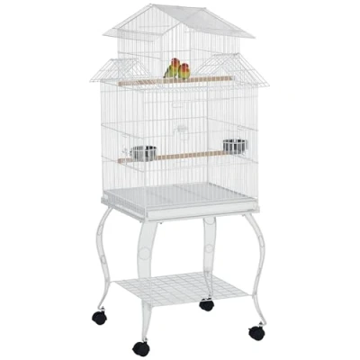 Imagen de PawHut Jaula para Pájaros con Ruedas Grande Soporte 50x49x137 cm Bandeja Extraíble Puertas Comederos Perchas y Estante Inferior Canarios Periquitos Blanco