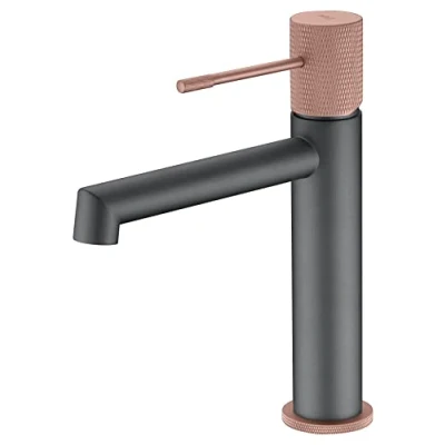 Imagen de IMEX Grifo monomando de lavabo, Grifería baño, agua frio/caliente Serie LINE Gris Mate y Champagne BDD038 1GC