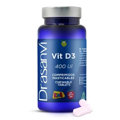 Imagen de DRASANVI Vitamina D3 NIÑOS 400 U.I D Masticable Sabor Fresa Asimilación del Calcio Fortalece los huesos y dientes Vitaminas Niños Sin Gluten 60 comprimidos = días