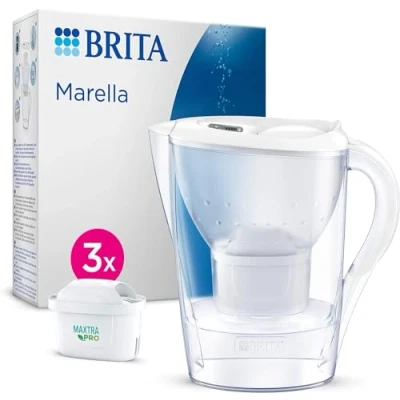 Imagen de BRITA jarra con Filtro de Agua Marella Blanca (2,4 l) Incl. 3x Cartucho MAXTRA PRO All in 1 adaptable al frigorífico LTI digital y tapa abatible que reduce cloro, cal e impurezas.