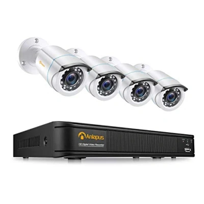 Imagen de Anlapus 1080P CCTV Kit Sistema de Vigilancia 8 Canales H.265+ Videograbador DVR con 4 Cámara Seguridad, sin Disco Duro, Visión Nocturna, Alarma Email