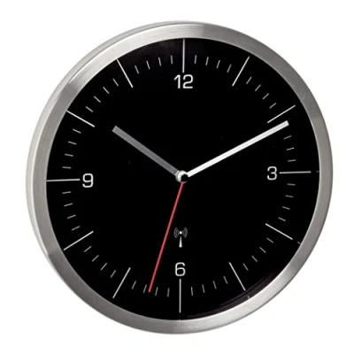 Imagen de TFA Dostmann Funk 60.3544.01 Reloj de Pared analógico (245 x 41 mm, sin Ruido tictac, Cristal y Acero Inoxidable), Color Negro Plateado