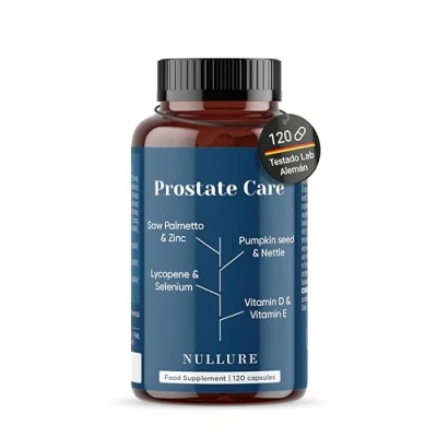 Imagen de Nullure Complejo Prostata Capsulas Saw Palmetto 320mg + Calabaza Ortiga Licopeno Salud Prostática · Inflamada Prostate Care Vegano y Sin Aditivos 120 cáps (2 meses) Fabricado en España