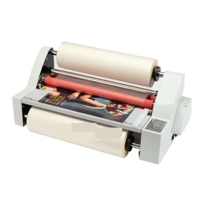 Imagen de laminadora, máquina laminadora de rollos película V350, tamaño A3, en caliente cuatro rodillos, control electrónico temperatura, modo calentamiento único par