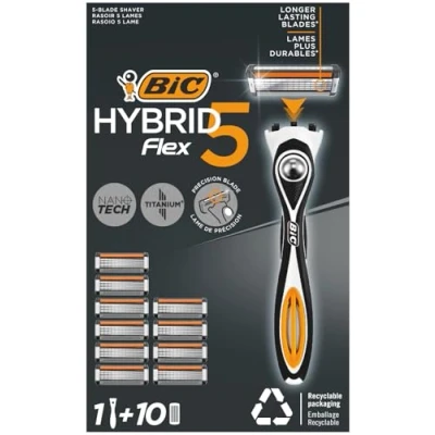 Imagen de BIC Hybrid 5 Flex Maquinilla Recargable para Hombre, 1 Mango con Contrapeso y Recambios de Hojas Móviles Recubiertas Titanio Nanotecnología Pack 1+10