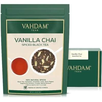 Imagen de VAHDAM, Masala chai con sabor a vainilla 100 gramos (50+ tazas) Tea Deliciosa mezcla de Té especias hojas sueltas