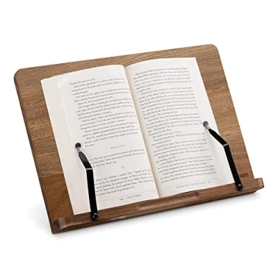 Imagen de Navaris Soporte para Libros Atril Plegable de Madera Libro Cocina Lectura o Estudio 2X Clip metálico apoyar pie en la Mesa Cama 34 x 24 cm