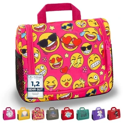 Imagen de GRINSEZWERGE neceser para niños, de viaje colgar, bolsa cosméticos, lavado, viaje, maquillaje, accesorios Keep Smiling (Pink),