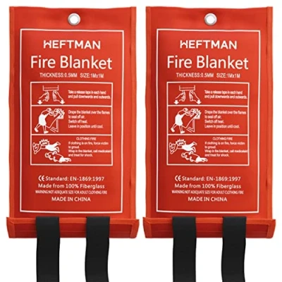 Imagen de HEFTMAN Juego de 2 Manta Cortafuegos Ignifuga Grande Fibra Vidrio con Asas Algodón Ignífugo en Estuche Rojo Cobija Extintora para Cocina, Hogar, Caravana (1m x 1m) Piezas