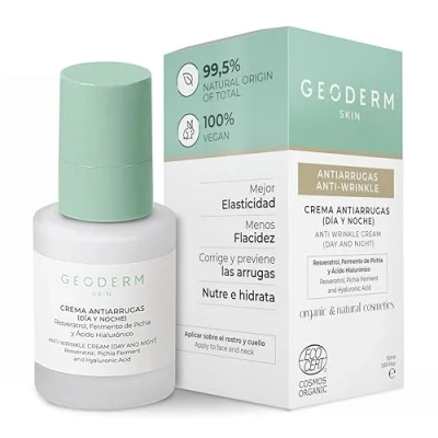 Imagen de GEODERM Crema Antiarrugas Corrige y Previene Arrugas con Resveratrol, Fermento de Pichia Acido Hialuronico Todo tipo piel, Orgánico Bio Hidratante Facial Mujer Día Noche, 50ml