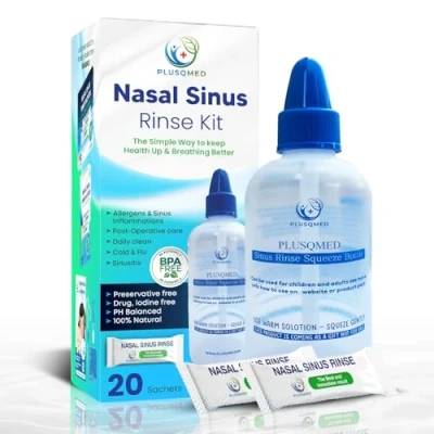 Imagen de Kit de enjuague sinusal, botella exprimible, olla Neti, + 20 sobres sal, original Plusqmed, lavado nasal, adultos, niños a partir 2 años, ducha nasal para limpieza nariz y