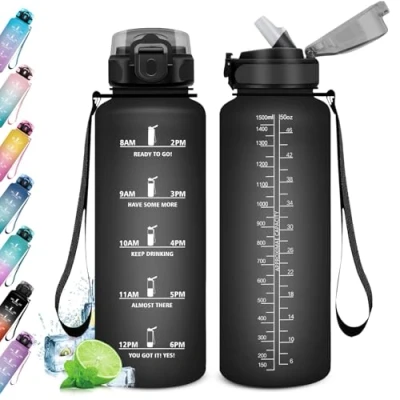 Imagen de KollyKolla Botella Agua 1.5L, Motivadora, de con Pajita, Prueba Fugas, Reutilizable Cantimplora para Adulto, Colegio, Gimnasio, Oficina, Bicicleta, Gym, Fitness