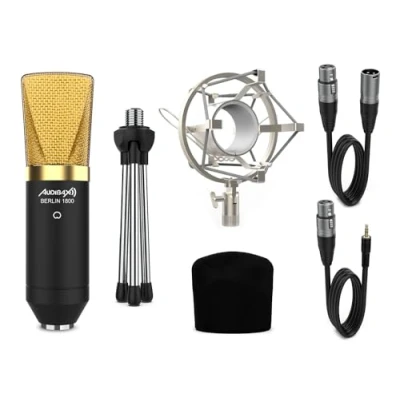 Imagen de Audibax Berlin 1800 Gold Microfono de Condesandor Estudio Respuesta en Frecuencia 20 Hz/20 KHz Micrófono Profesional con Patrón Polar Cardioide Gran Diafragma Color Dorado
