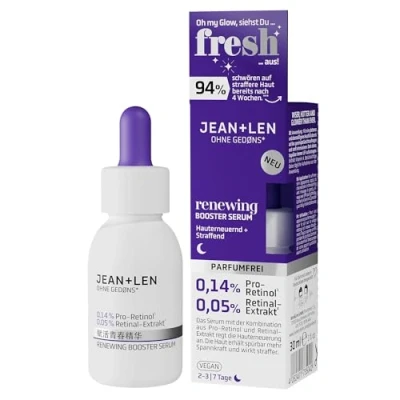 Imagen de Jean &amp; Len Renewing Booster Serum, ideal para todo tipo de pieles, aumenta la elasticidad y resistencia piel, con pro retinol* extracto retina**, sin perfume, vegano, 30 ml