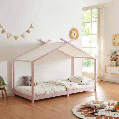 Imagen de [en.casa] Cama para Niños Brome con Techo de Textil Desmontable Infantil Individual Somier Estructura en Forma Casa Estilo Montessori 90 x 200 cm Madera Pino Rosa y Blanco