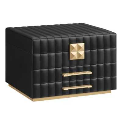 Imagen de SONGMICS HOME ANAH Colección Caja Joyero de 3 Capas con Espejo, Organizador Joyas 2 Cajones, Superficie PU Costuras, Efecto Flotante, 21,5 x 24 15,8 cm, Regalo, Negro Tinta JBC183B01