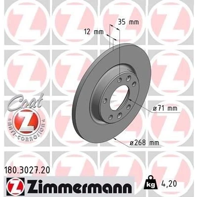Imagen de ZIMMERMANN COAT Z 180.3027.20 Disco de freno 268 12 7/5 5 108 macizo revestido PEUGEOT: 308 II Hatchback, SW 2, 3008 SUV