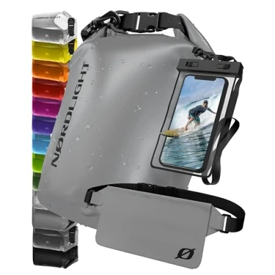 Imagen de Nordlight Juego de 3 Bolsas Impermeables (Gris) Dry Bag 10L + Funda Impermeable para teléfono móvil riñonera protección IPX8 con Correas Ajustables Playa Paddling